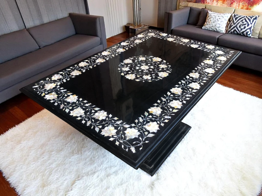 Restaurant Dining Room Table in Black Marble Inlay Pietra Dura Stone 